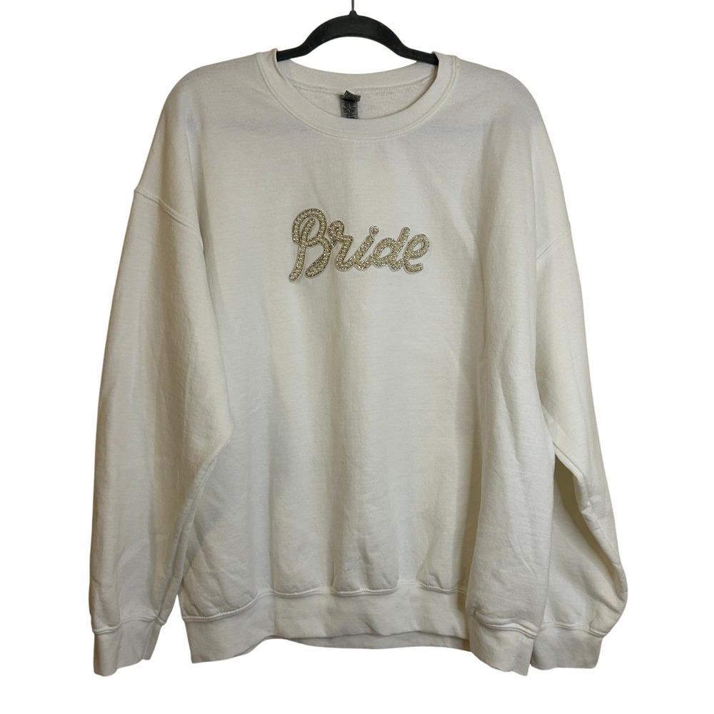 Gildan White Bride Fleece Sweatshirt Crewneck Embellished Pearls Rhinestones XL - Picture 2 of 9